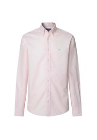 Long-sleeve button-up shirt in light pink cotton, featuring a classic collar and small blue embroidered logo on the left chest.
