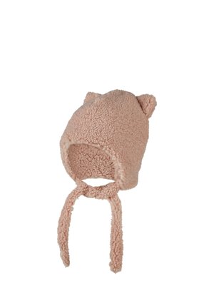 Soft pink fleece baby hat with ear flaps, tied straps, and small rounded ears on top for added cuteness.