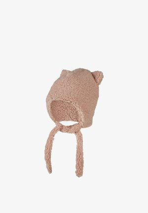 Soft pink fleece baby hat with ear flaps, tied straps, and small rounded ears on top for added cuteness.