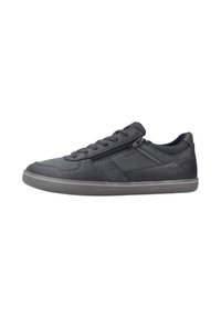 Zapatilla de deporte gris oscura hecha de cuero con un acabado texturizado, que cuenta con cordones, cierre de cremallera, detalles perforados y suela de goma.
