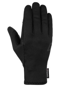 Schwarze Handschuhe aus strukturiertem Stoff, mit einem taillierten Design, schlanker Form und verstärktem Handflächenbereich für zusätzliche Haltbarkeit.