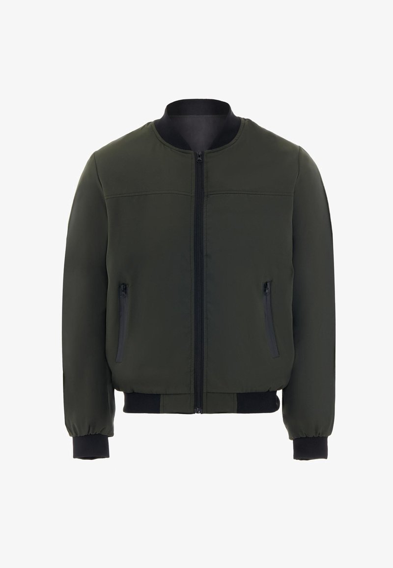 Olivgrüne Bomberjacke mit einem Reißverschluss vorne, geripptem Kragen und Bündchen. Sie verfügt über zwei seitliche Reißverschlusstaschen und ein glattes, mattes Finish.