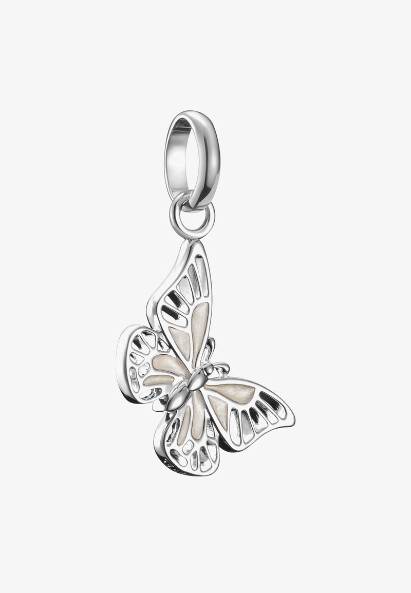 Silberner Schmetterlingsanhänger mit durchbrochenen Flügeln und einer strukturierten, beigefarbenen Mitte, ausgestattet mit einer glatten Schlaufe zur Befestigung.