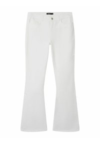 Fehér, denim anyagú, bővülő szárú farmernadrág, közép magas derékkal, öt zsebbel, fémből készült gombos záródással, és diszkrét varrási részletekkel az eltéréseknél.