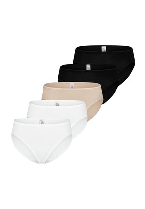 Fem par sømløse damestrømpebukser i sort, beige og hvid, arrangeret i en forskudt række på en hvid baggrund.