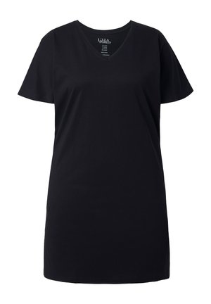 Czarny T-shirt z krótkim rękawem i dekoltem w serek, wykonany w 100% z bawełny, pokazany na białym tle.
