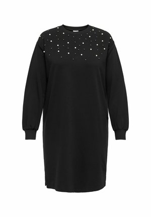 Abito felpa nero con maniche lunghe, caratterizzato da decorazioni di perle e perline sparse sul petto, scollo rotondo e polsini a costine.