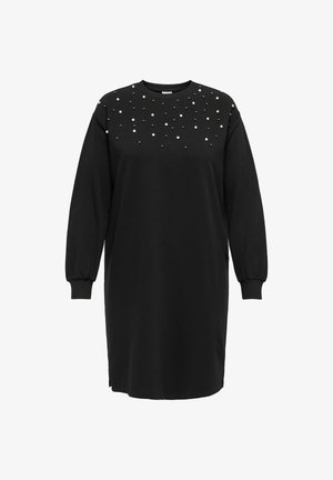 Black sweatshirt dress with long sleeves, featuring scattered pearl and bead embellishments on the chest, rounded neckline, and ribbed cuffs.