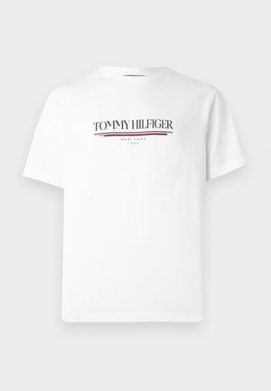 White cotton t-shirt featuring "TOMMY HILFIGER" logo in black with a red accent line, round neckline, and short sleeves.