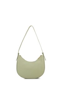 Borsa a tracolla in pelle verde chiaro, dalla forma arrotondata, con parte superiore curva, sottile tracolla e chiusura con cerniera accentuata da hardware dorato.