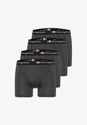 Viererpack dunkelgrauer Boxershorts mit schwarzen Bunds und weißen sowie roten Champion-Logos.