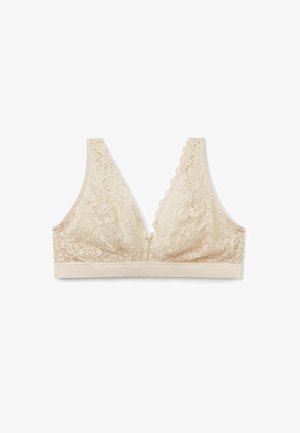 Kant bralette in zacht beige met een V-halsontwerp, golvende randen en een gladde band. Fijn bloemmotief overal.