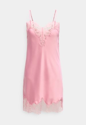 Rosa Satin-Nachthemd mit Spitzensaum am Ausschnitt, Saum und den Seiten, ausgestattet mit dünnen verstellbaren Schulterriemen.