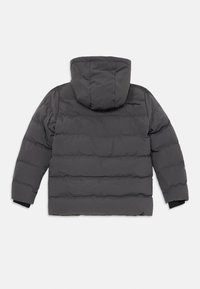 Grau gefütterte Jacke mit Kapuze, horizontale Steppung, gerippte Bündchen und ein kleines Logo auf dem oberen Rücken.