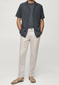 Korte mouwen donkergrijze overhemd met knopen, lichtbeige broek en bruin sandalen. Materiaal lijkt soepel; het overhemd heeft een kraag en knopen.