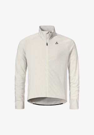 Lightweight, cream jacket with a high collar, long sleeves, zipper closure, and a small logo on the chest. Smooth texture, fitted design.