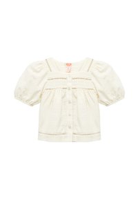 Blusa para bebé color crema con mangas abullonadas, que cuenta con cierre de botones en el frente, bordado decorativo y detalles de ojales a lo largo del escote y el dobladillo.