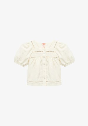 Crème-kleurige babyblouse met pofmouwen, voorzien van een knoopsluiting aan de voorkant, decoratieve borduursels en openingen langs de halslijn en zoom.