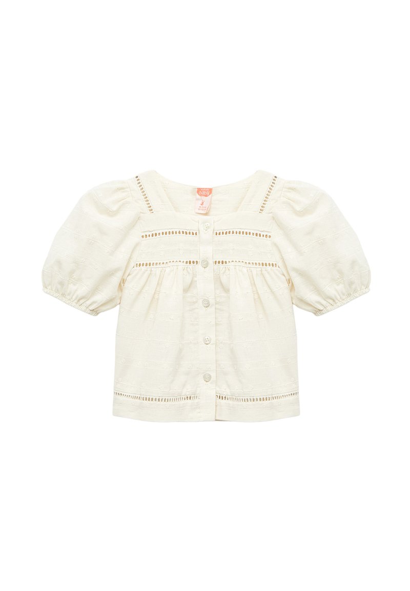 Blusa para bebé color crema con mangas abullonadas, que cuenta con cierre de botones en el frente, bordado decorativo y detalles de ojales a lo largo del escote y el dobladillo.