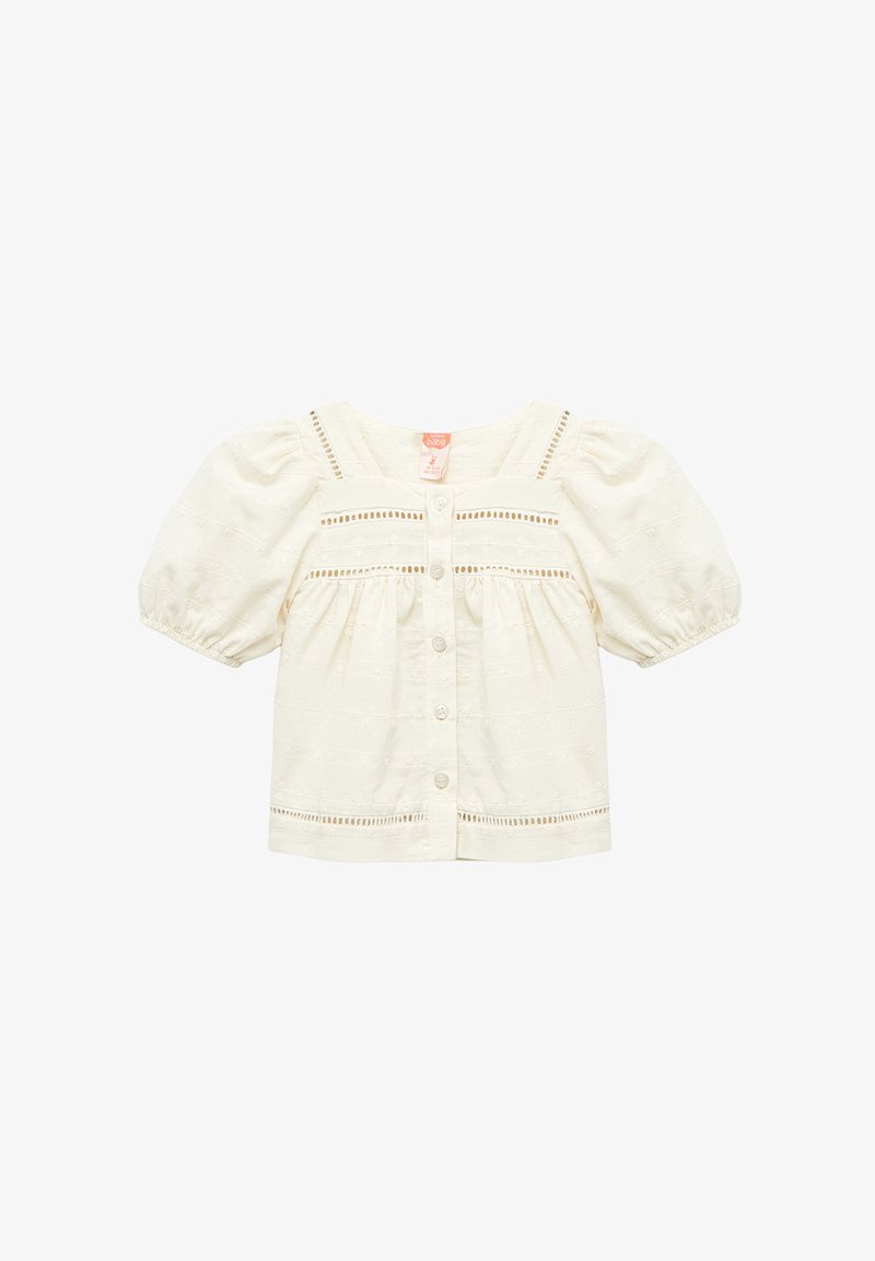 Cremfarbene Babybluse mit puffärmeln, Knopfverschluss, dekorativer Stickerei und Spitzenakzenten entlang des Ausschnitts und Saums.