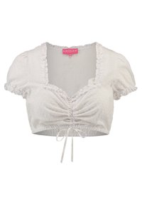 Top corto blanco con mangas abullonadas, tela texturizada, bordes con volantes y un cordón en la parte inferior para ajuste. Etiqueta de la marca visible.
