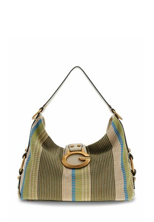 Sac à bandoulière rayé vert, beige et bleu en tissu texturé, avec boucle dorée en forme de "G" et bandoulière en cuir blanc avec détails assortis.