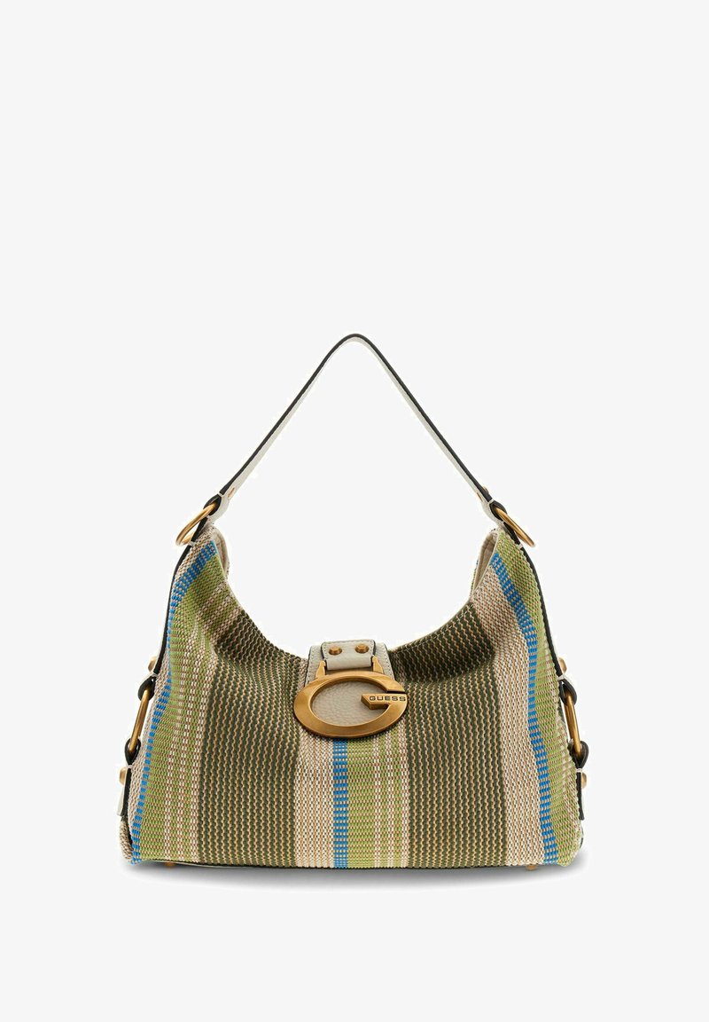 Borsa a tracolla a righe verdi, beige e blu con tessuto strutturato, fibbia dorata a forma di "G" e tracolla e dettagli in pelle bianca.