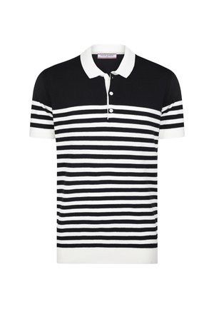 Camisa polo a rayas en blanco y negro con un color clásico, tapeta de tres botones y puños acanalados. Tejido de textura de punto.