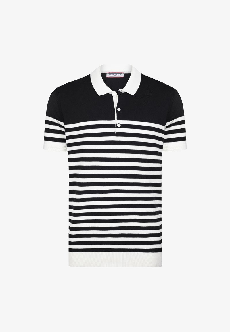 Schwarz-weißer gestreifter Poloshirt mit klassischem Kragen, Drei-Knopf-Leiste und gerippten Bündchen. Gefertigt aus strukturiertem Strickstoff.