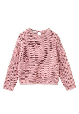 Pulover roz cu mâneci lungi croșetat, cu decolteu rotund, model cu țesătură deschisă și mici flori brodate răsfirate pe față și pe mâneci.