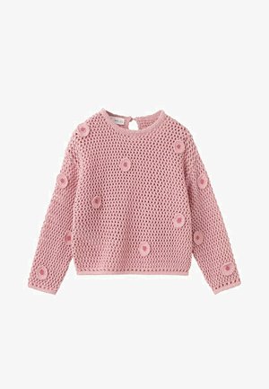 Rosa langärmliger Häkelpullover mit rundem Ausschnitt, offenem Strickmuster und kleinen bestickten Blumendesigns, die vorne und an den Ärmeln verteilt sind.