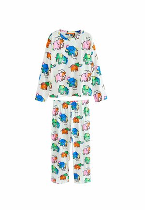 Baumwoll-Pyjama-Set mit langärmligem Oberteil und Hose. Weißer Hintergrund mit bunten Cartoon-Elefanten und "Stomp"-Textmustern.