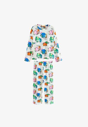 Baumwoll-Pyjama-Set mit langärmligem Oberteil und Hose. Weißer Hintergrund mit bunten Cartoon-Elefanten und "Stomp"-Textmustern.