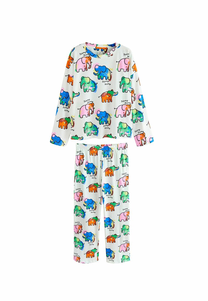 Cotton pajama set featuring long-sleeve top and pants. White background with colorful cartoon elephants and "Stomp" text patterns.