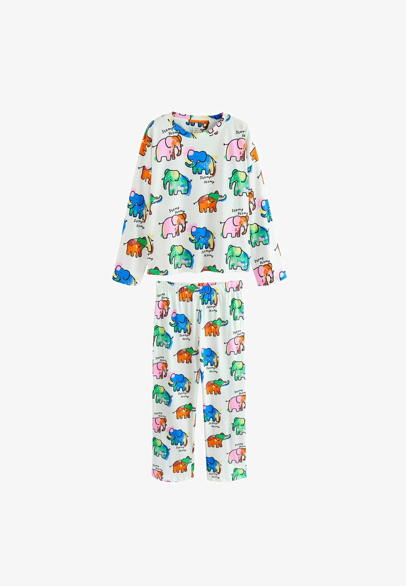 Completo di pigiama in cotone con maglia a maniche lunghe e pantaloni. Sfondo bianco con colorati elefanti dei cartoni animati e il motivo con la scritta "Stomp".