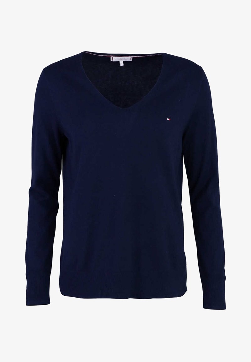 Pull bleu marine à manches longues avec col en V et petit logo Tommy Hilfiger sur le côté gauche de la poitrine.