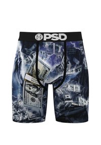Men's boxer briefs in a multicolor design featuring money graphics, dark blue and purple tones, a black waistband with the PSD logo.