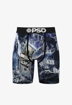 Boxers pour hommes avec un design multicolore présentant des motifs d'argent, des tons bleu foncé et violet, une ceinture noire avec le logo PSD.