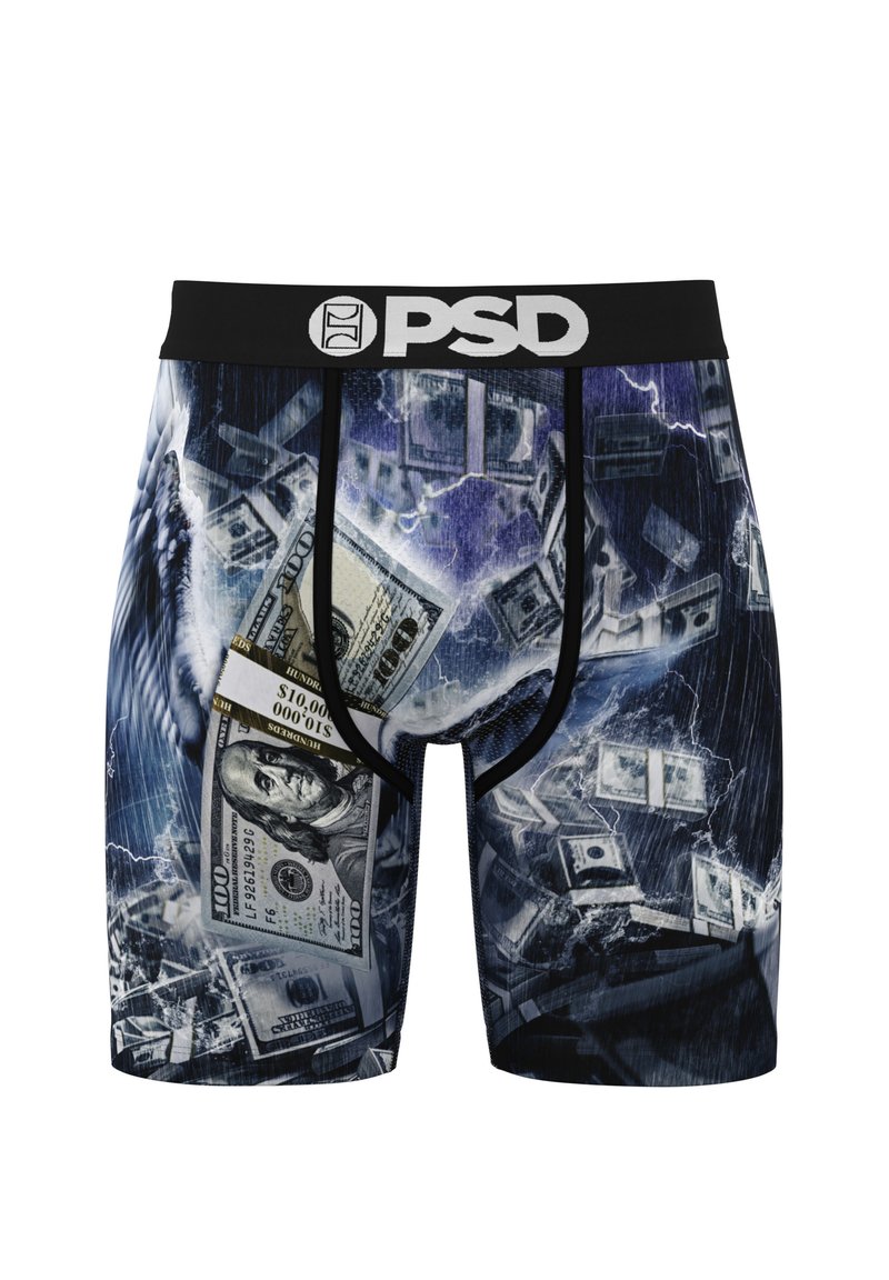 Men's boxer briefs in a multicolor design featuring money graphics, dark blue and purple tones, a black waistband with the PSD logo.