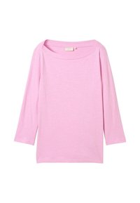 Light pink long-sleeve top with a wide neckline. Made of soft, textured fabric with a relaxed fit and simple, clean design.