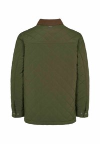 Veste matelassée vert olive avec coutures en losange, col côtelé marron et poignets à boutons-pression, vue de dos.