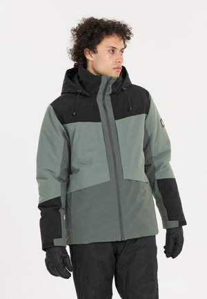 Wasserabweisende Jacke mit einem schwarz-grünen Farbblockdesign, verstellbare Kapuze, Reißverschluss und verstärkten Bündchen. Geeignet für den Einsatz im Freien.