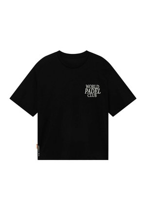 T-shirt noir à manches courtes avec col rond et texte blanc "World Padel Club" sur la partie gauche de la poitrine.