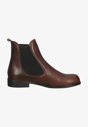 Braune Leder Chelsea-Stiefel mit elastischen Seitenpaneelen, runder Zehenform, Zugschlaufe und einem schwarzen strukturierten Muster in den elastischen Bereichen.