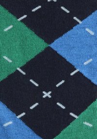 Dzianina z wzorem w diamenty w odcieniach zieleni, niebieskiego i granatowego, z białymi akcentami w postaci linii oraz wzorem 'X' na środku.