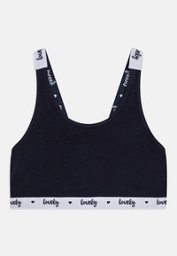 Námořnická modrá braletka vyrobená z měkkého materiálu, s širokými ramínky a bílým páskem s nápisem "lovely" a malými srdíčky.