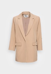 Beige blazer with a notched lapel, open front, and two front pockets. Made of smooth fabric with slightly structured shoulders and three-quarter sleeves.