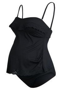 Costume da bagno premaman nero con spalline regolabili, top con volant e dettaglio ad occhiello sull'orlo. Tessuto morbido e design aderente per il massimo comfort.
