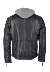 Schwarze Lederjacke mit gesteppter Schulterpartie und Ärmeln, mit grauer Stoffkapuze und Reißverschlüssen an den Bündchen, von hinten gezeigt.