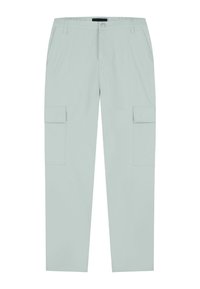 Lichtgrijze cargobroek met elastische tailleband, twee zijzakken en twee grote cargozakken. Gemaakt van soepele stof met een relaxte pasvorm.
